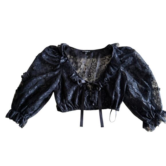 For Love & Lemons Black Floral Lace Puff Sleeve Crop Top Size Small - Picture 6 of 10
